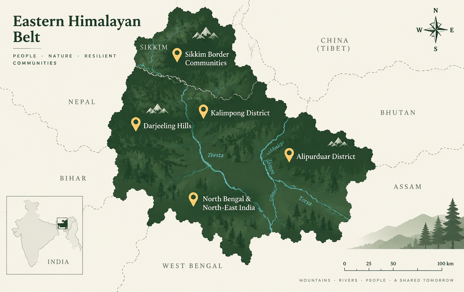 Map of the Eastern Himalayan belt marking Kalimpong District, Darjeeling Hills, Alipurduar District, Sikkim border communities, and North Bengal & North-East India